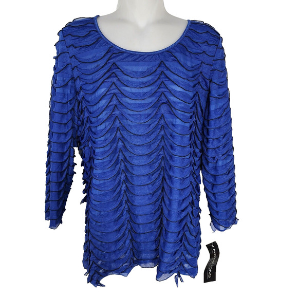 Notations Top Blouse Womens Large Blue Layered Ruffles 3/4 Sleeve Stretch Lined - Picture 1 of 10
